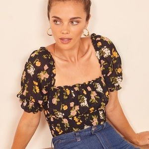 Reformation Sadey Smocked Short Sleeve Blouse